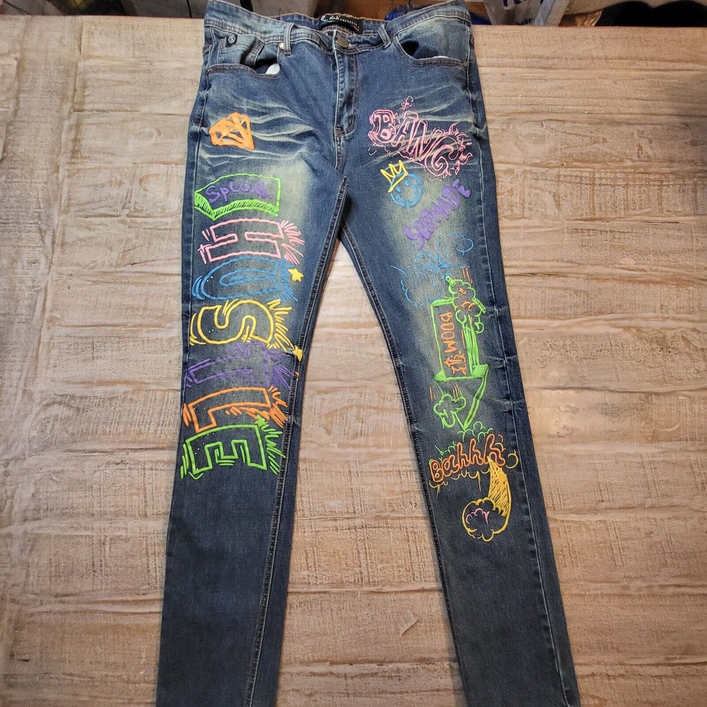 SWITCH REMARKABLE GRAPHIC Print Slim Taper Fit Jeans Mens 36X32 Stretch Distress